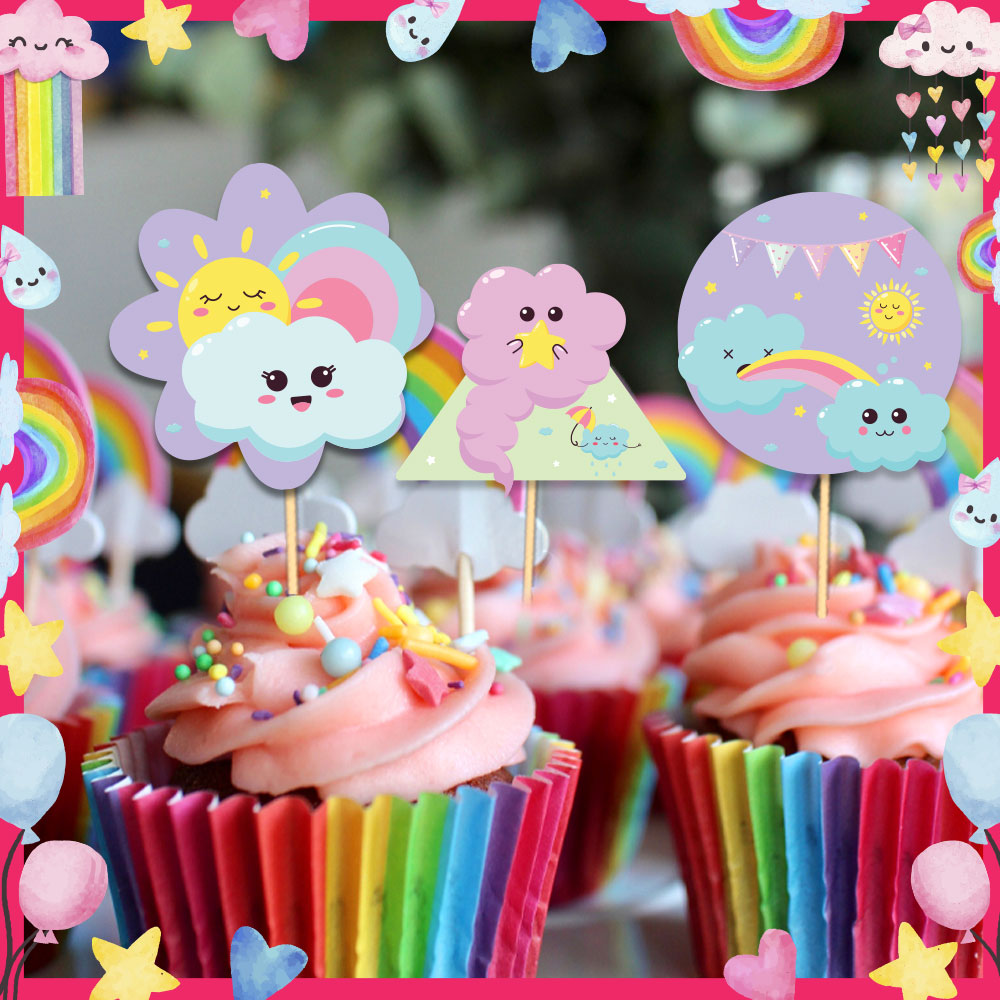 Hello Rainbow Theme Cupcake Toppers